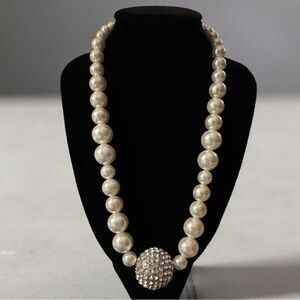 Traci Lynn Faux Pearl Statement Necklace Rhinestone Ball Pendant Signed